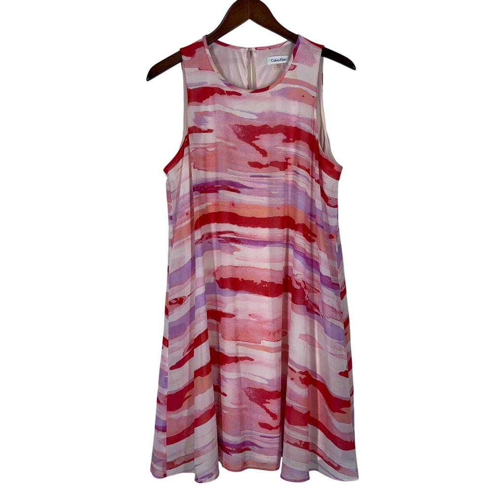 Calvin Klein Womens Shift Dress 14 Pink Watercolor Abstract Art to Wear Vacation